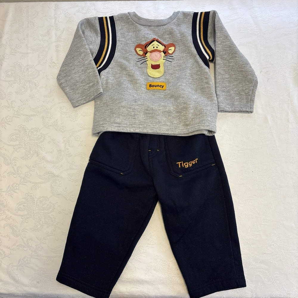 Vintage Disney Tigger Fleece Sweatshirt and Sweatpants Set Gray Navy 24M